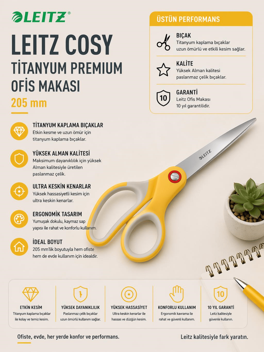 Leitz Cosy Titanyum Premium Ofis Makası Sarı KOD:53320019