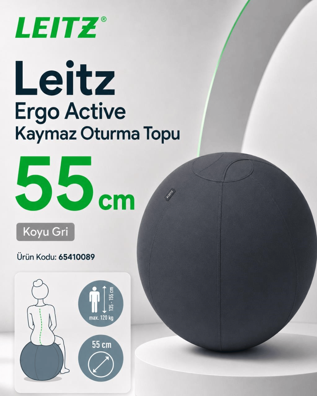Leitz Ergo Active Kaymaz Oturma Topu 55 cm - KOYU GRİ - KOD:65410089