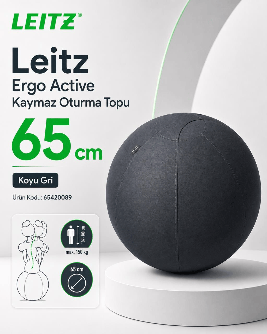 Leitz Ergo Active Kaymaz Oturma Topu 65 cm -  KOYU GRİ - KOD:65420089