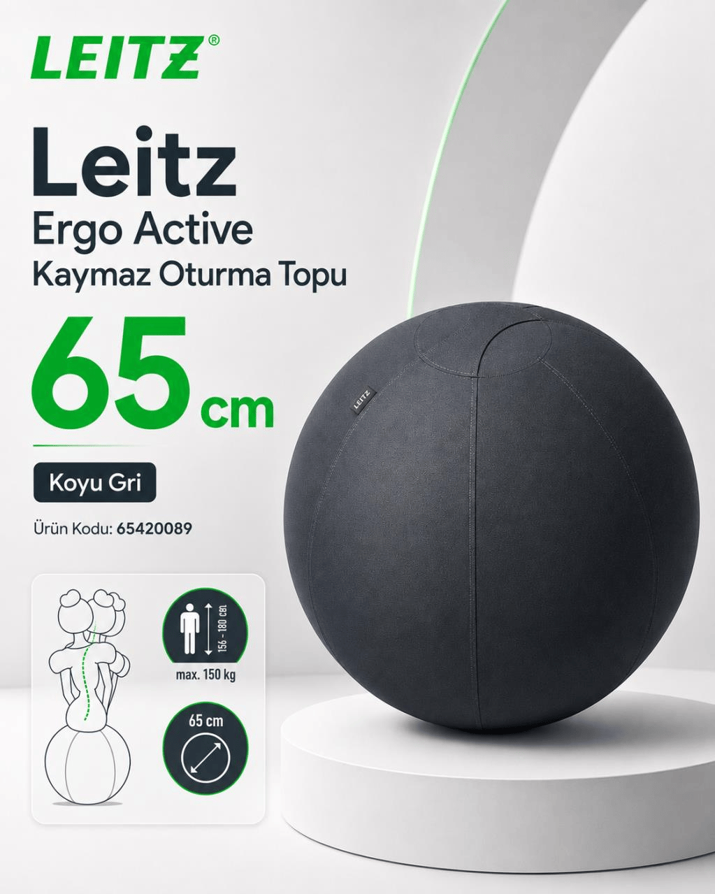 Leitz Ergo Active Kaymaz Oturma Topu 65 cm -  KOYU GRİ - KOD:65420089