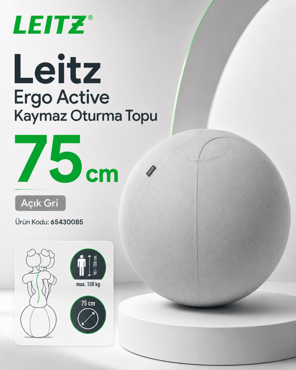 Leitz Ergo Active Kaymaz Oturma Topu 75 cm -  AÇIK GRİ - KOD:65430085