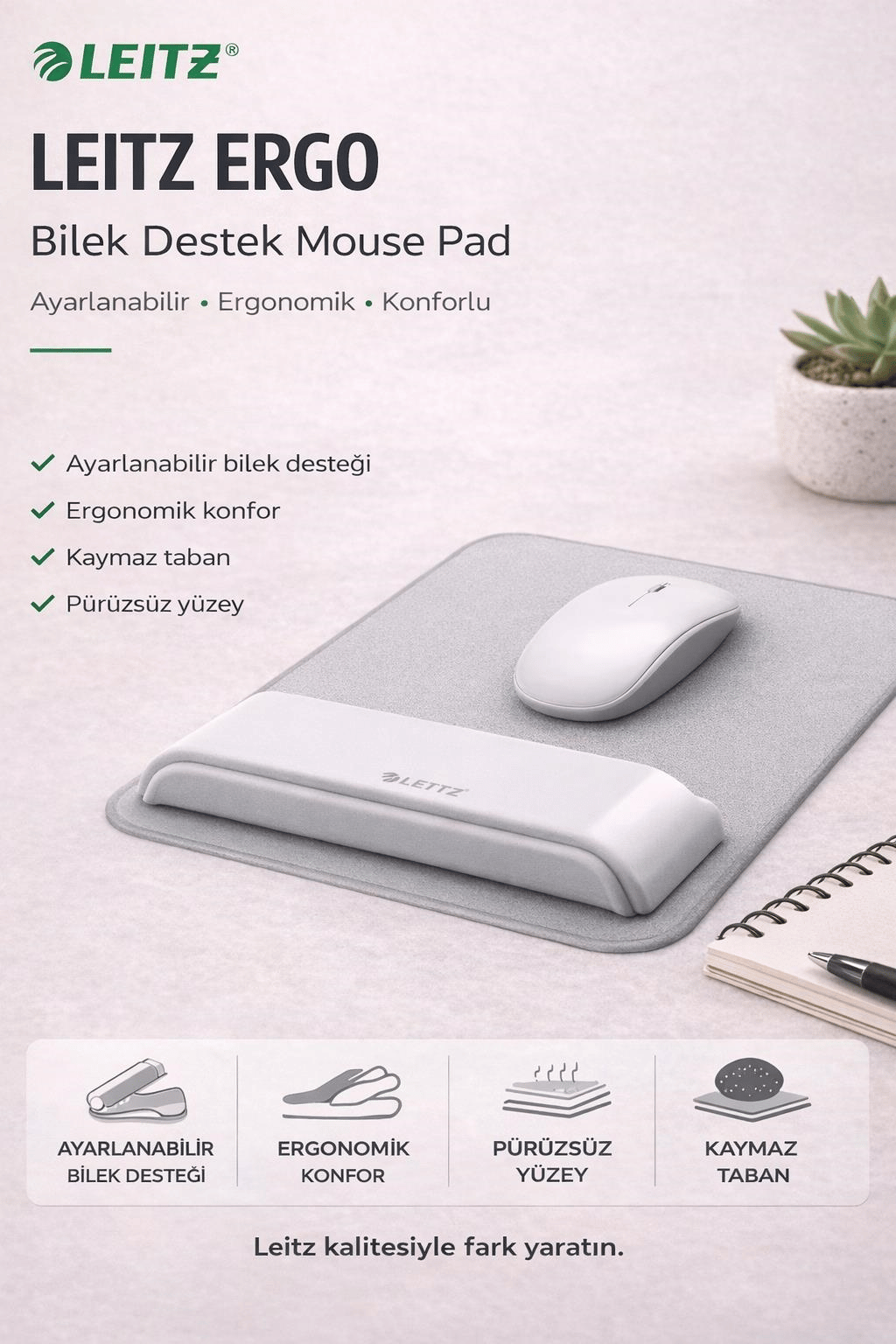 Leitz Ergo Ayarlanabilir Bilek Destek Mouse Pad -GRİ - KOD:65170085
