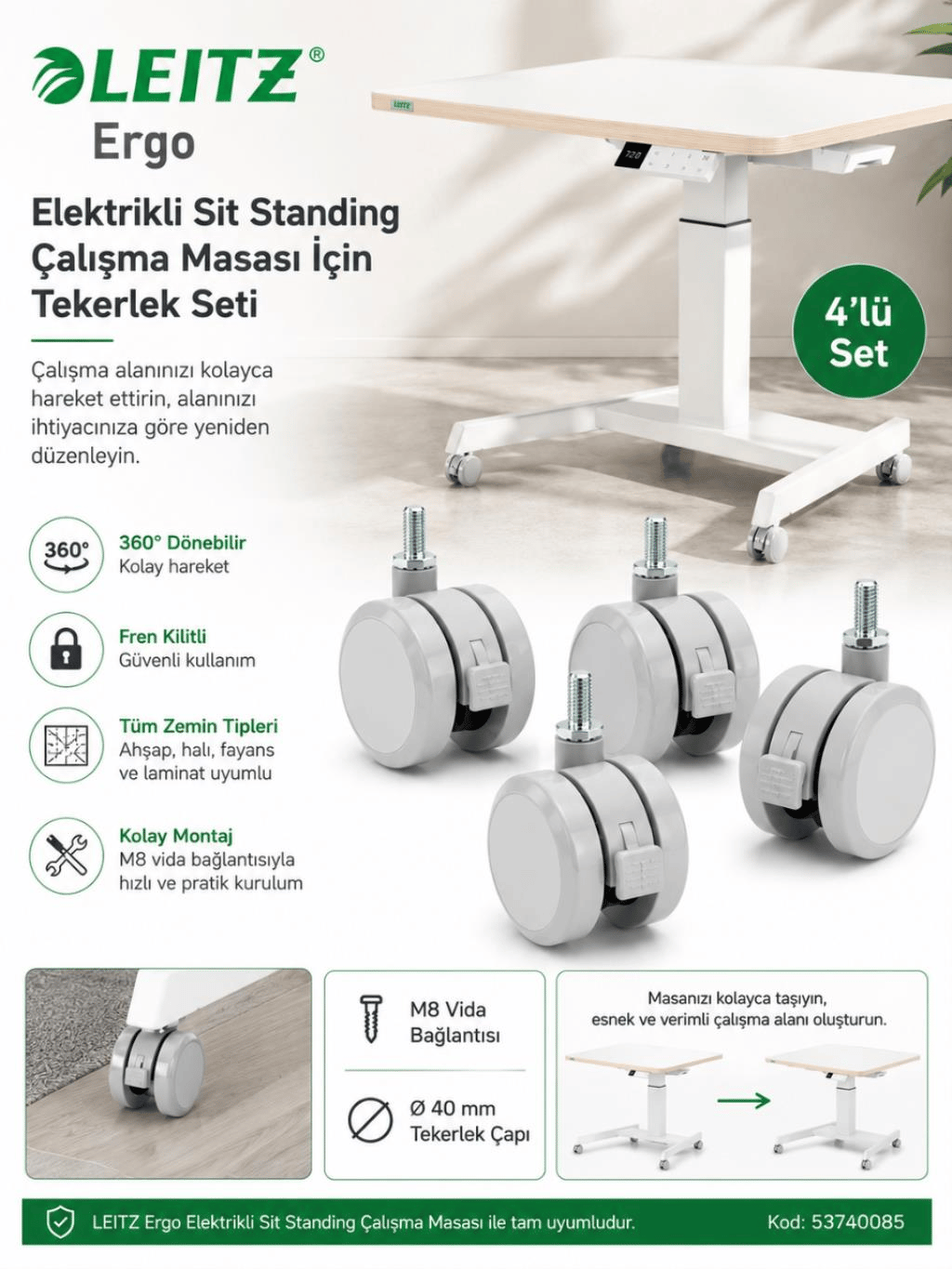 Leitz Ergo Elektrikli Sit Standing Çalışma Masası İçin Tekerlek Seti (4'lü) - Gri | 53740085