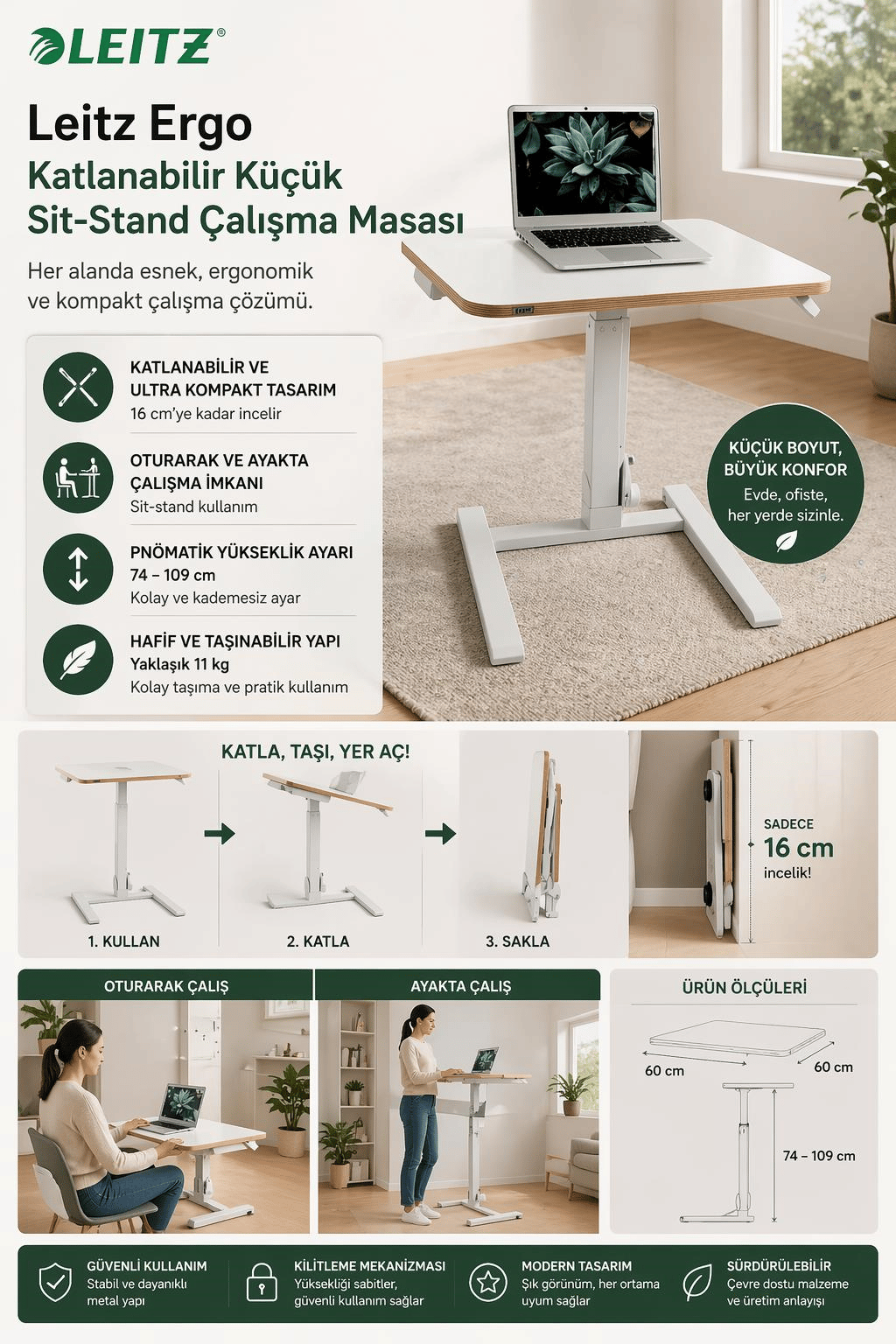 Leitz Ergo Katlanabilir Küçük Sit-Stand Çalışma Masası - LOD:65880001