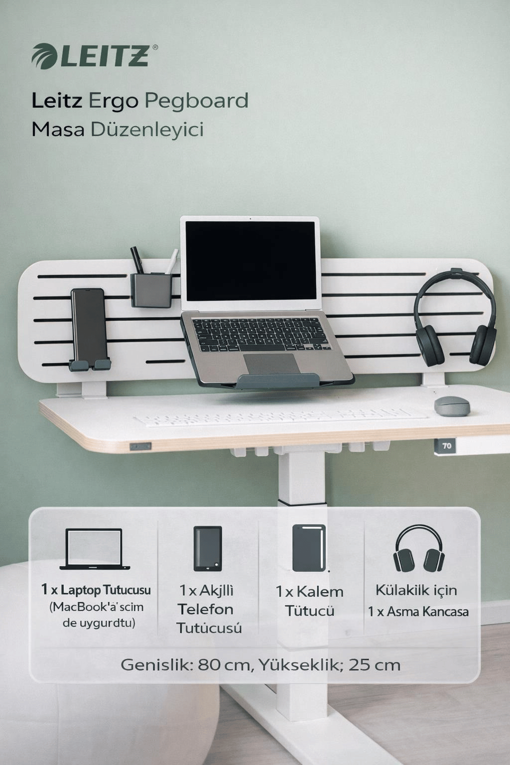 Leitz Ergo Pegboard Masa Düzenleyici, laptop tutuculu, 80x25 cm - KOD:65490000
