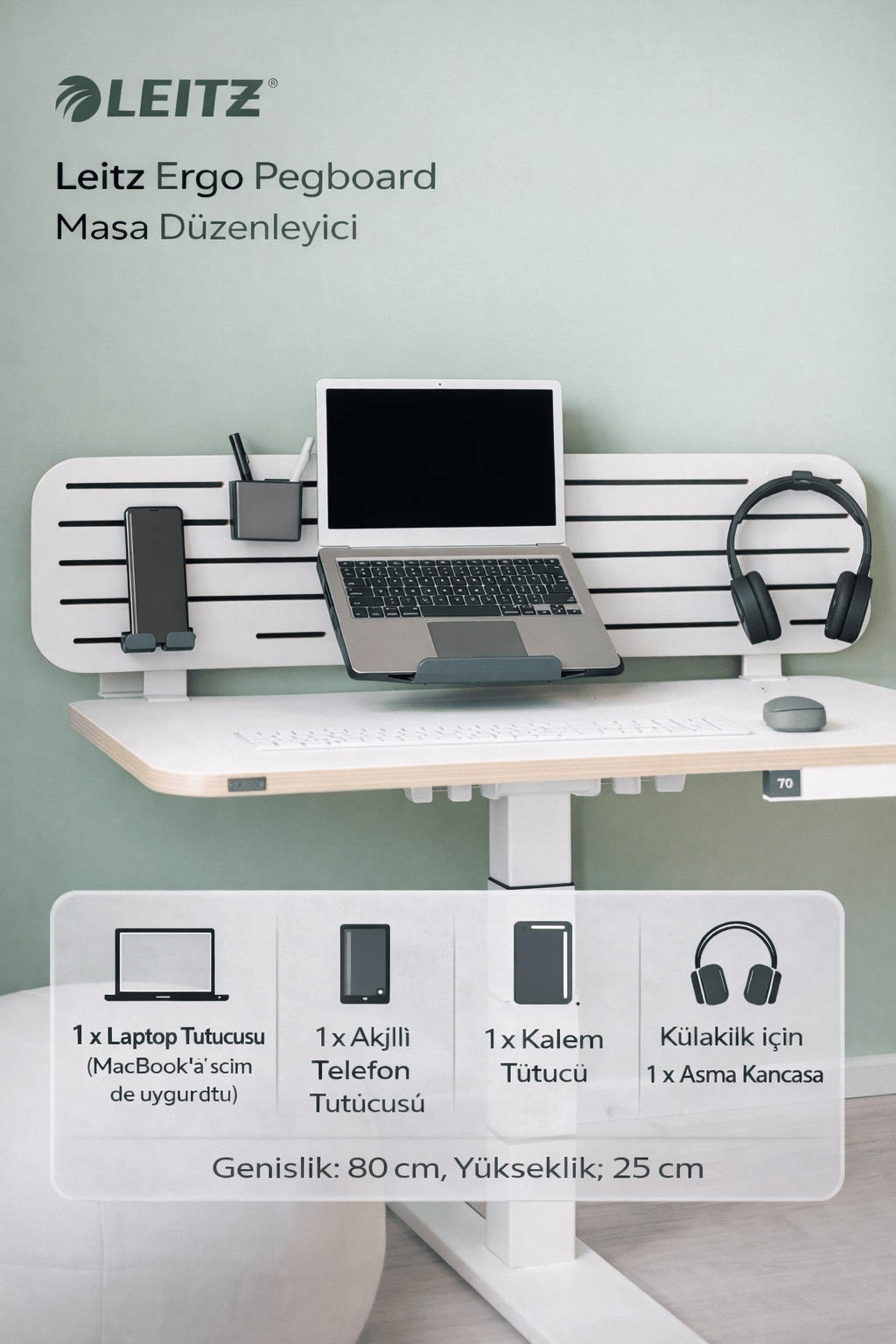 Leitz Ergo Pegboard Masa Düzenleyici, laptop tutuculu, 80x25 cm - KOD:65490000