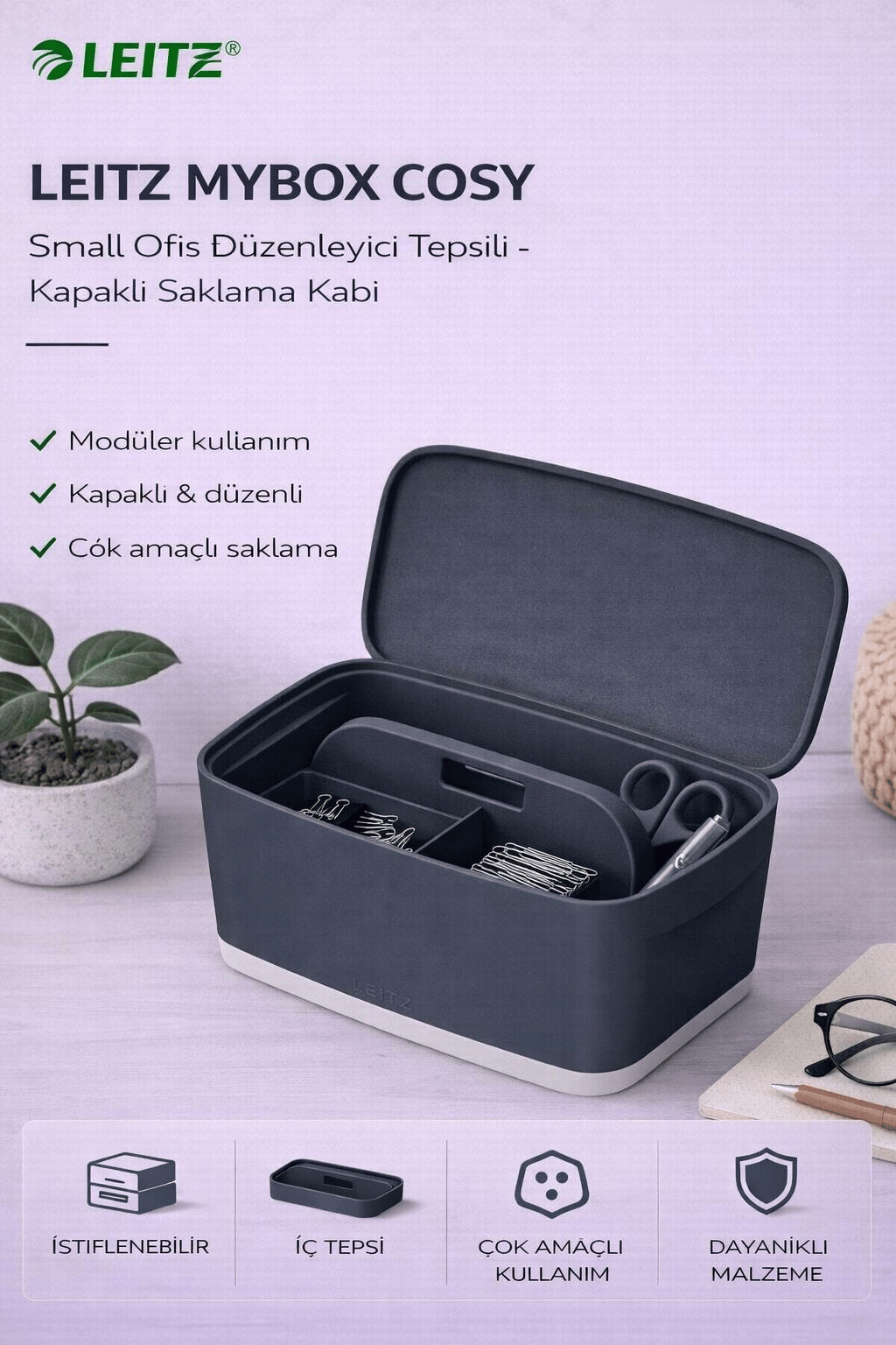 Leitz MyBox Cosy Small Ofis Düzenleyici Tepsili - Kapaklı Saklama Kabı - Gri
