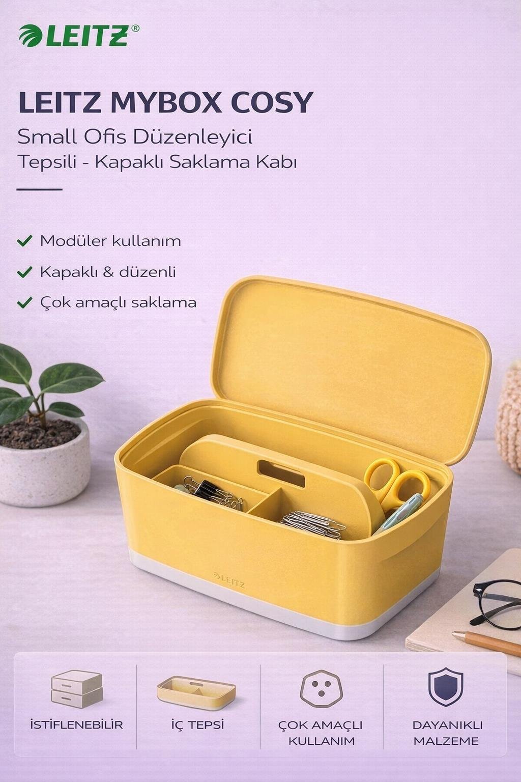 Leitz MyBox Cosy Small Ofis Düzenleyici Tepsili - Kapaklı Saklama Kabı - Sarı