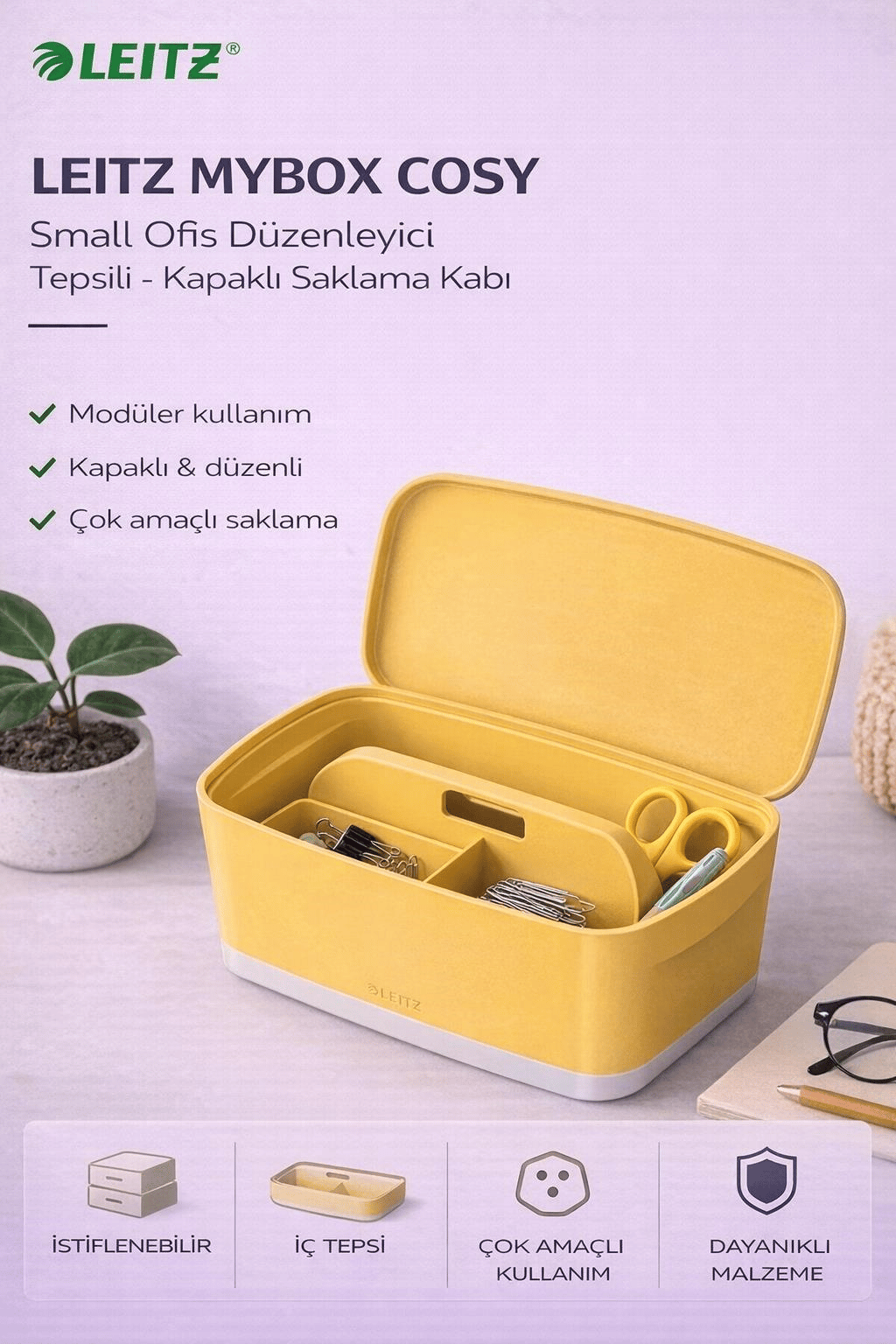 Leitz MyBox Cosy Small Ofis Düzenleyici Tepsili - Kapaklı Saklama Kabı - Sarı