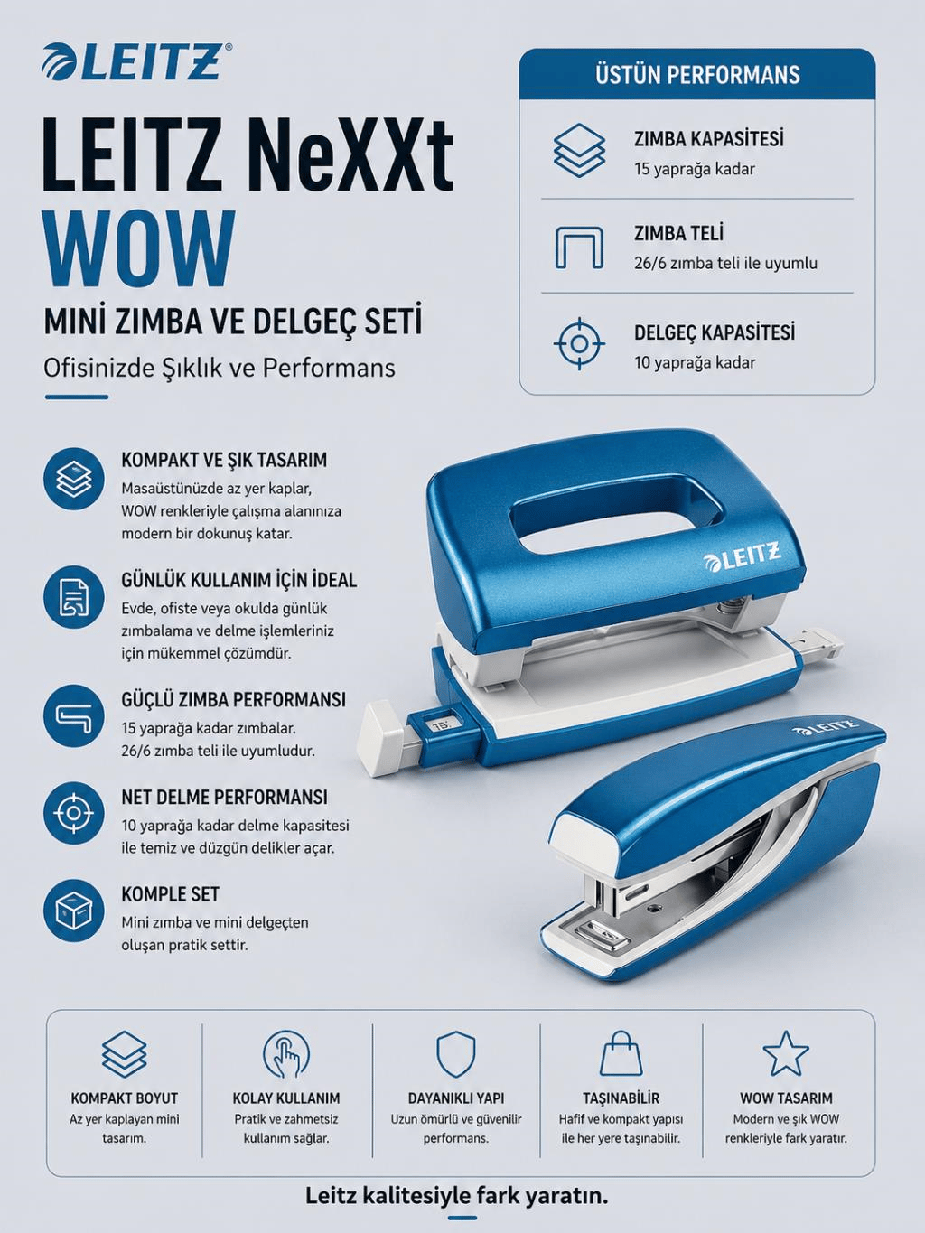 Leitz NeXXt WOW Mini Zımba ve Delgeç Seti - Mavi - KOD:55612036