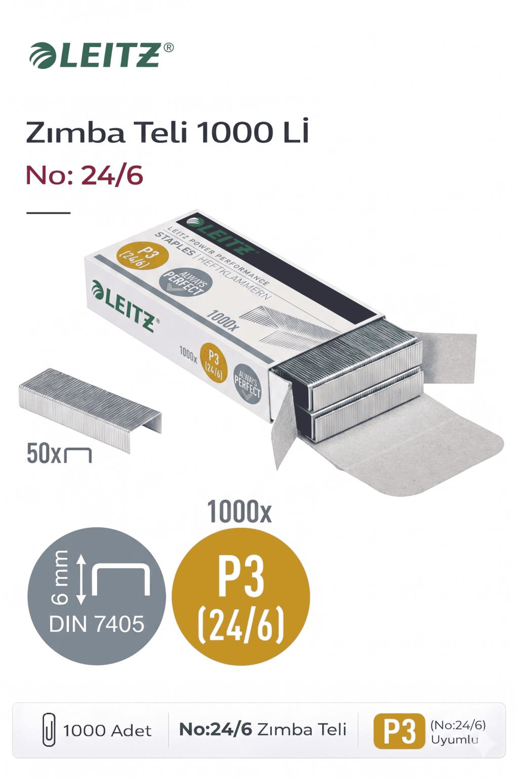 Leitz Power Performance P3 Zımba Telleri (No:24/6 – 1000 Adet)