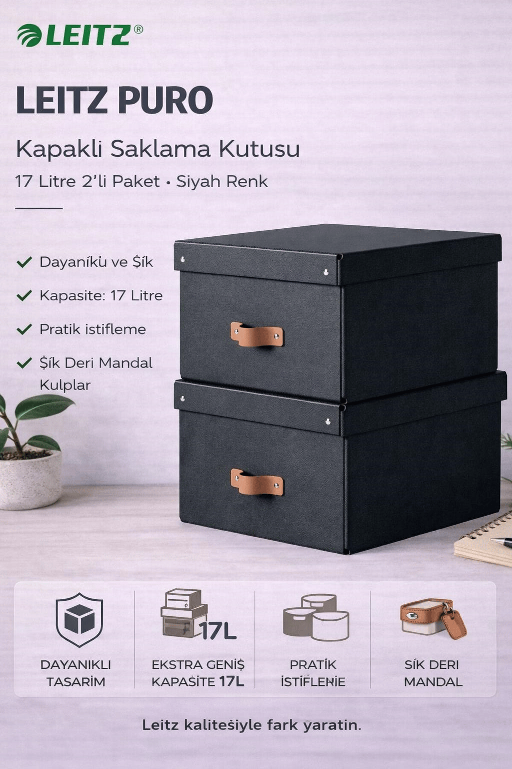 Leitz Puro Kapaklı Saklama Kutusu 17 Litre 2'li Paket Siyah Renk - KOD:61490095