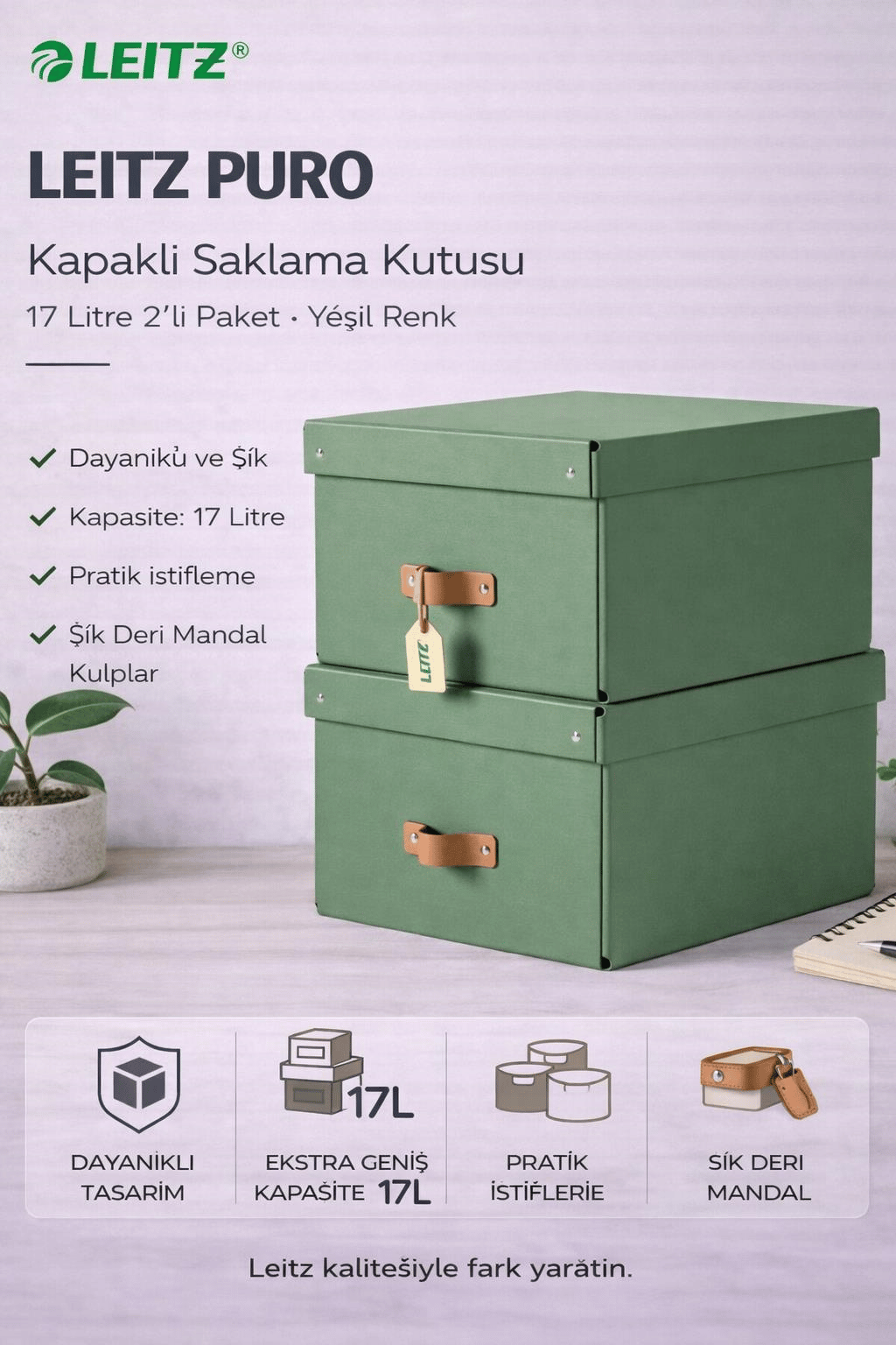 Leitz Puro Kapaklı Saklama Kutusu 17 Litre 2'li Paket Yeşil Renk