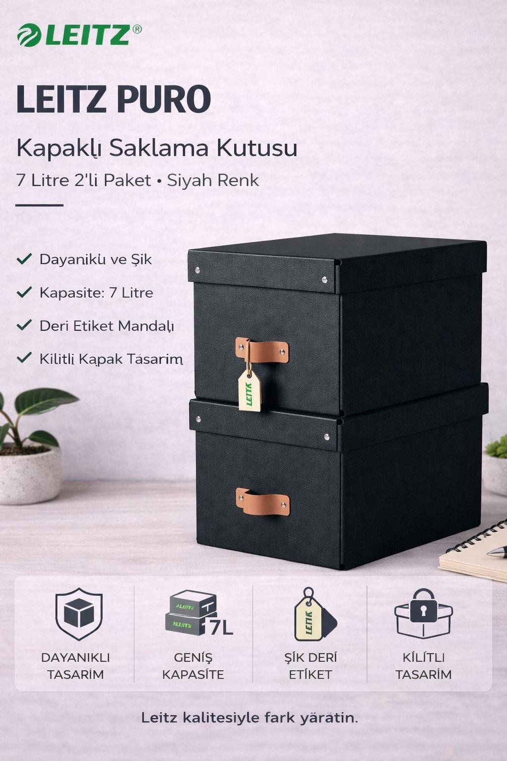 Leitz Puro Kapaklı Saklama Kutusu 7 Litre 2'li Paket Siyah  Renk - KOD:61470095