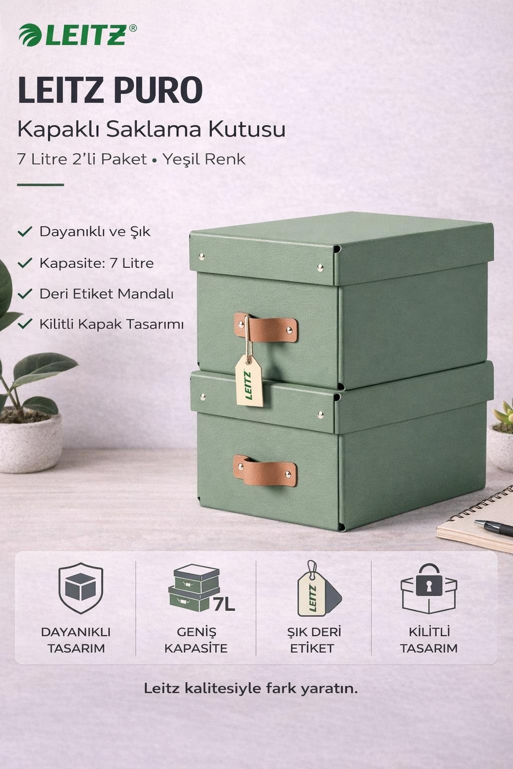 Leitz Puro Kapaklı Saklama Kutusu 7 Litre 2'li Paket Yeşil  Renk - KOD:61470050