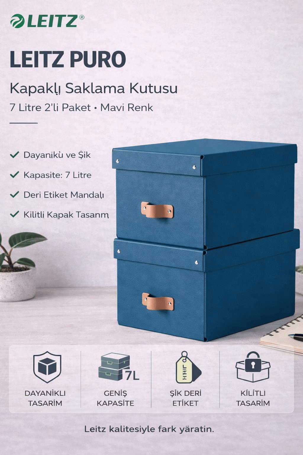 Leitz Puro Kapaklı Saklama Kutusu 7 Litre 2'li Paket Mavi  Renk - KOD:61470068