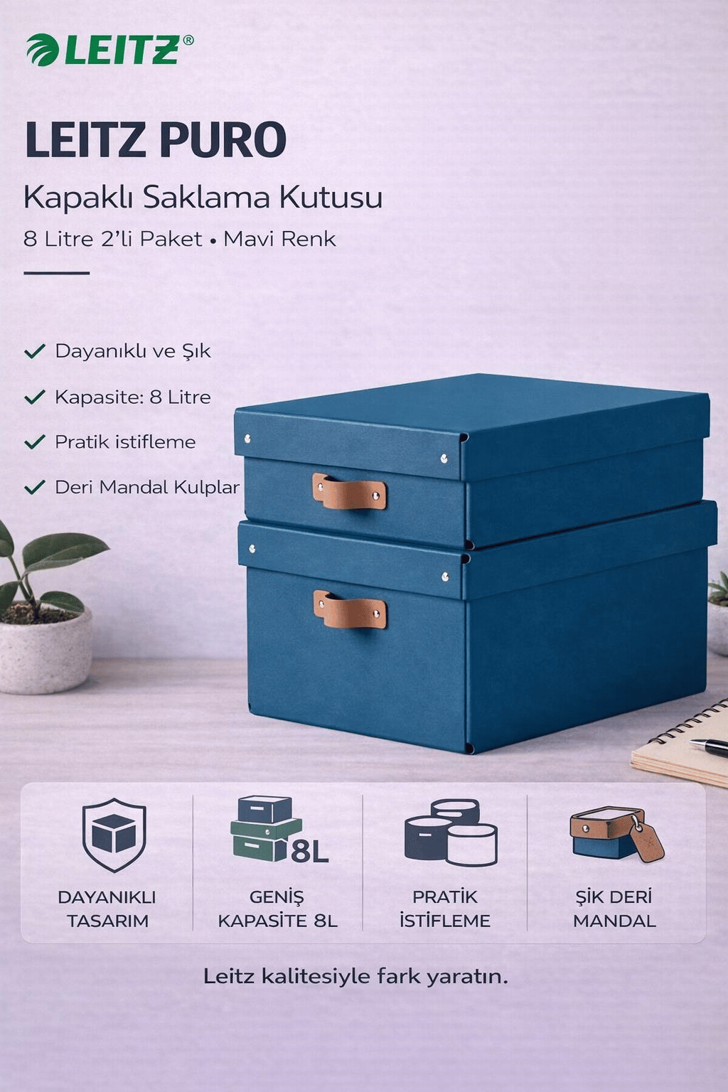 Leitz Puro Kapaklı Saklama Kutusu 8 Litre 2'li Paket Mavi Renk - KOD:61480068