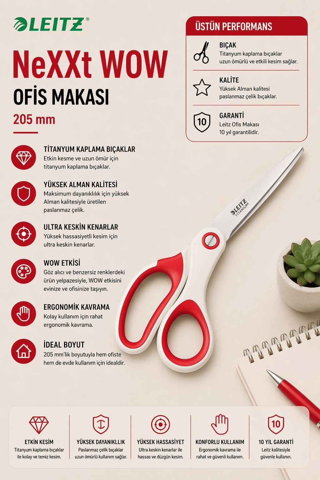 Leitz WOW Titanyum Ofis Makası 205mm Metalik Kırmızı - KOD:53192026