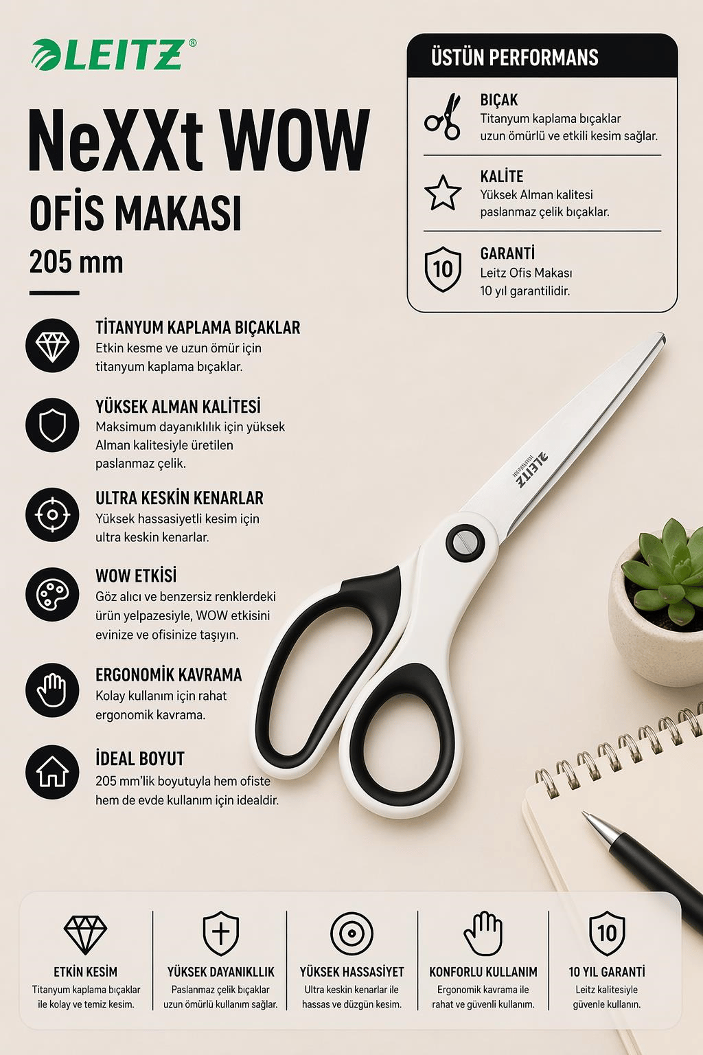 Leitz WOW Titanyum Ofis Makası 205mm Metalik Beyaz - KOD:53192001