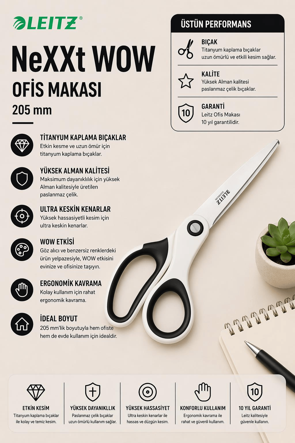 Leitz WOW Titanyum Ofis Makası 205mm Metalik Beyaz - KOD:53192001