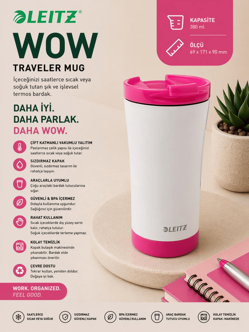 Leitz Wow Traveler Mug Çelik Termos - Pembe