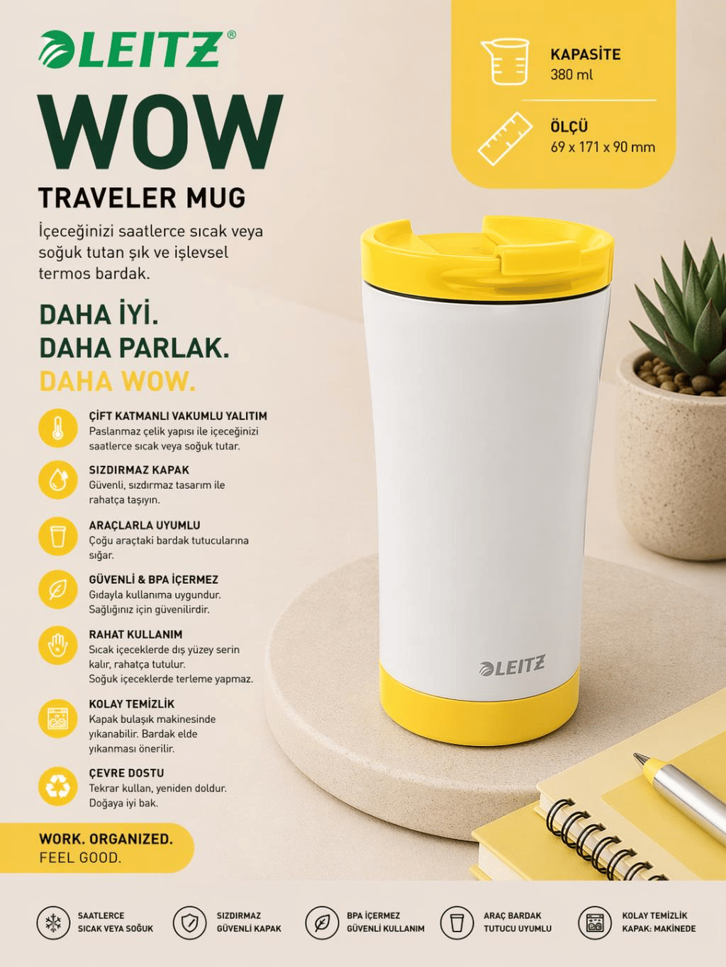 Leitz Wow Traveler Mug Çelik Termos - Sarı