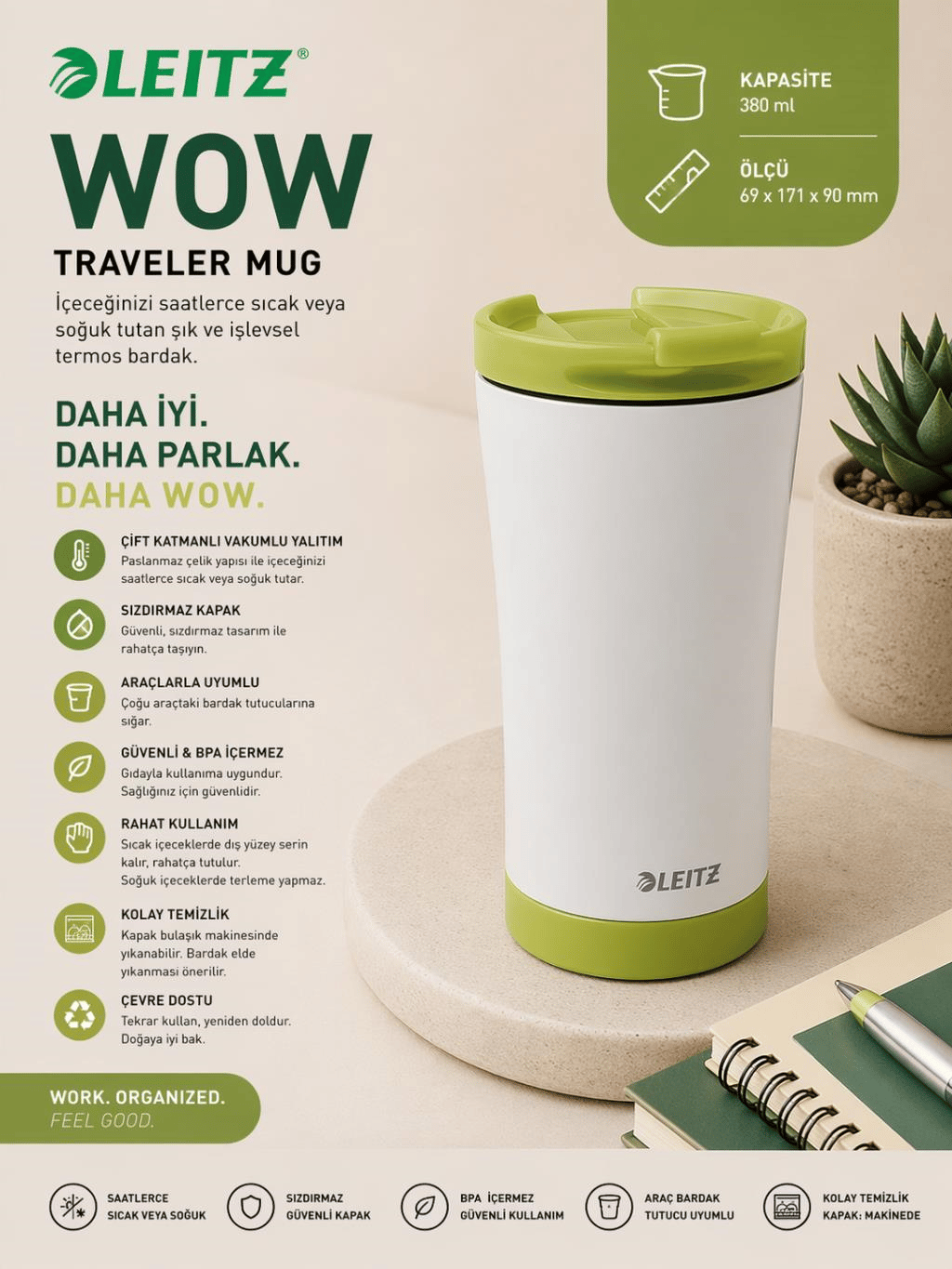 Leitz Wow Traveler Mug Çelik Termos - Yeşil