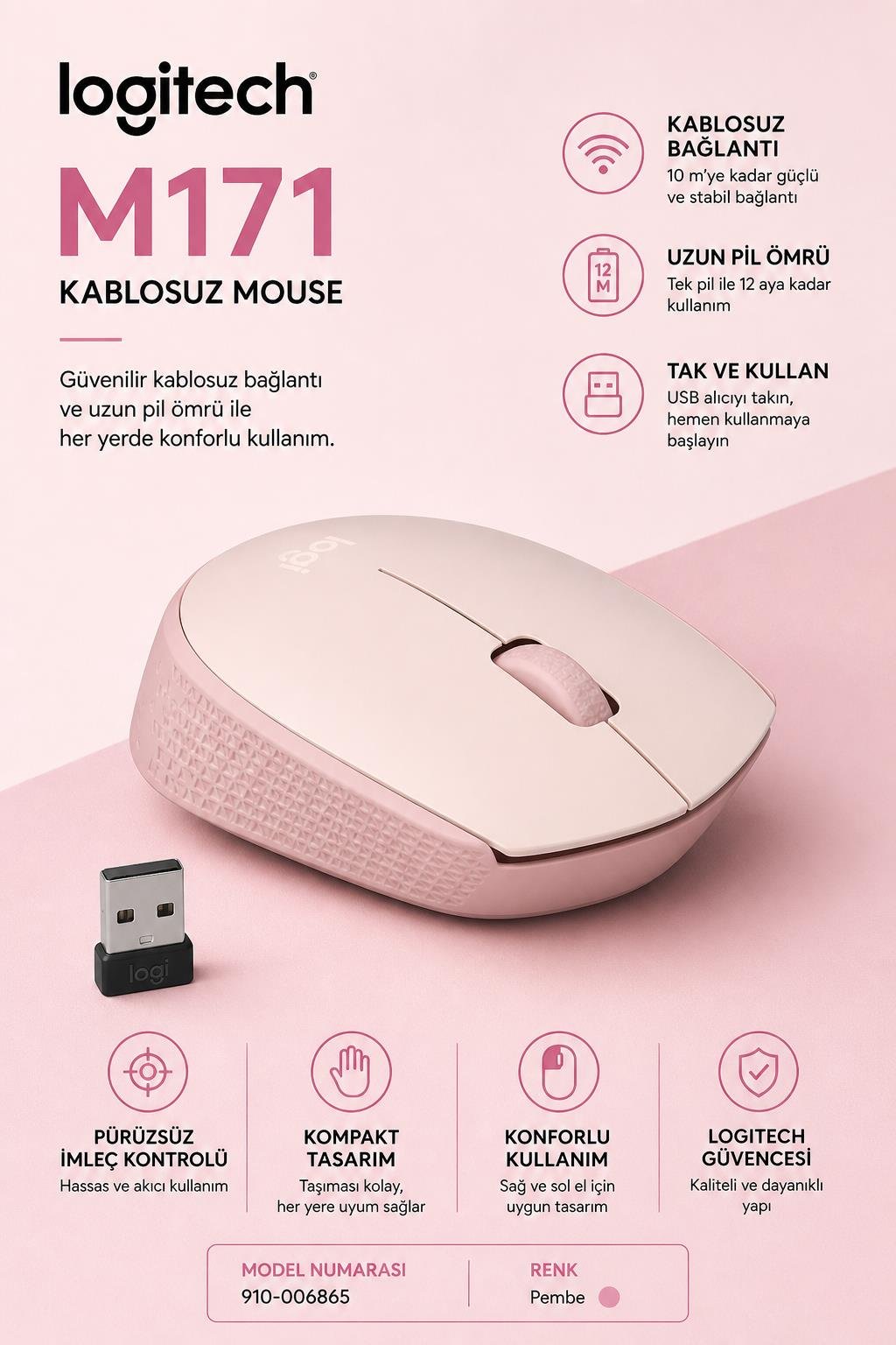 Logitech 910-006865 M171 Kablosuz Pembe Mouse