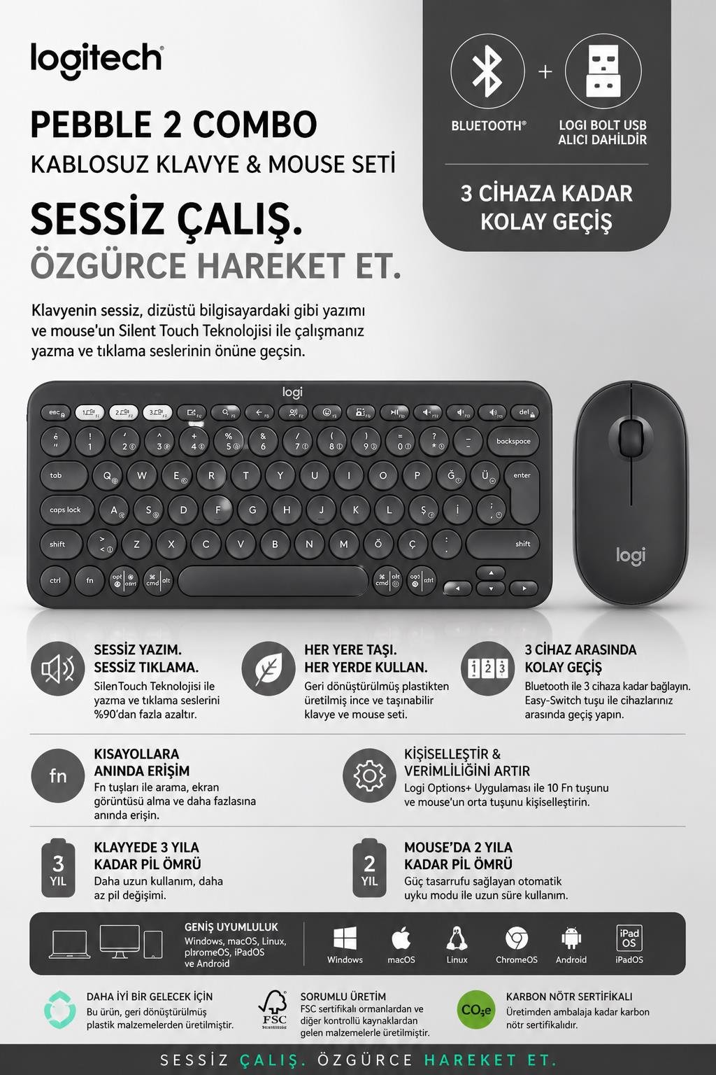 Logitech 920-012245 Grafit Pebble 2 Combo Çoklu Sessiz Kablosuz Türkçe Q Klavye Mouse Seti