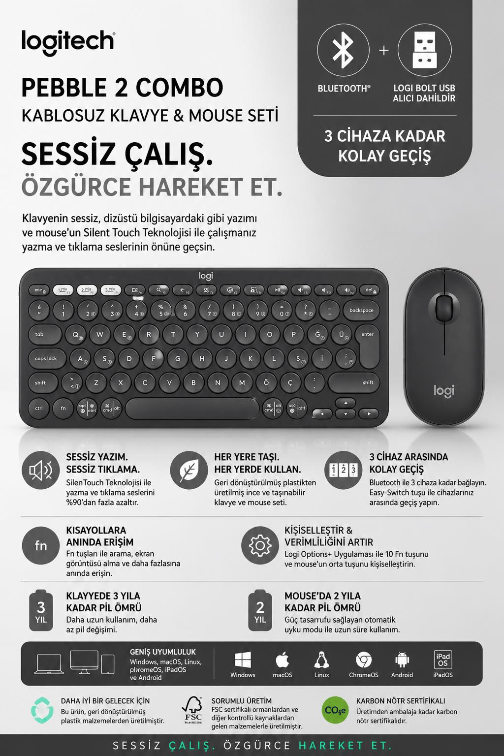 Logitech 920-012245 Grafit Pebble 2 Combo Çoklu Sessiz Kablosuz Türkçe Q Klavye Mouse Seti