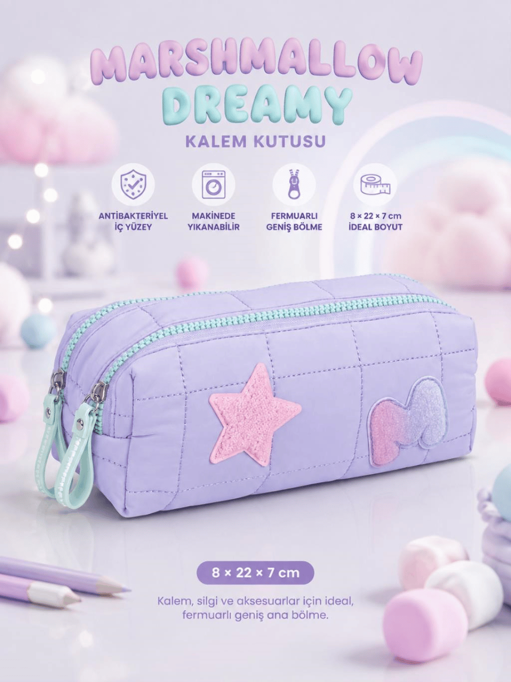Marshmallow Dreamy Kalem Kutusu – Antibakteriyel İç Yüzey, Yıkanabilir 