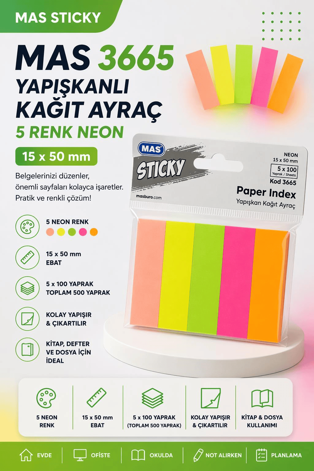 MAS 3665 Yapışkanlı Kağıt Ayraç 5 Renk Neon 15 x 50 mm