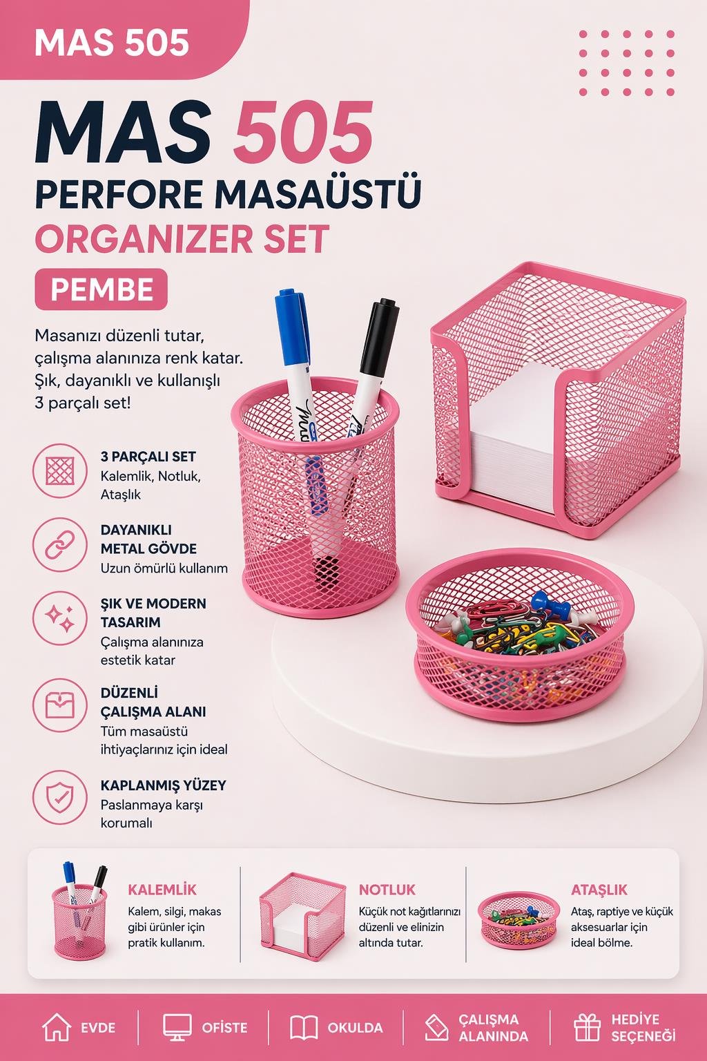 MAS 505 Perfore Masaüstü Organizer Set Pembe