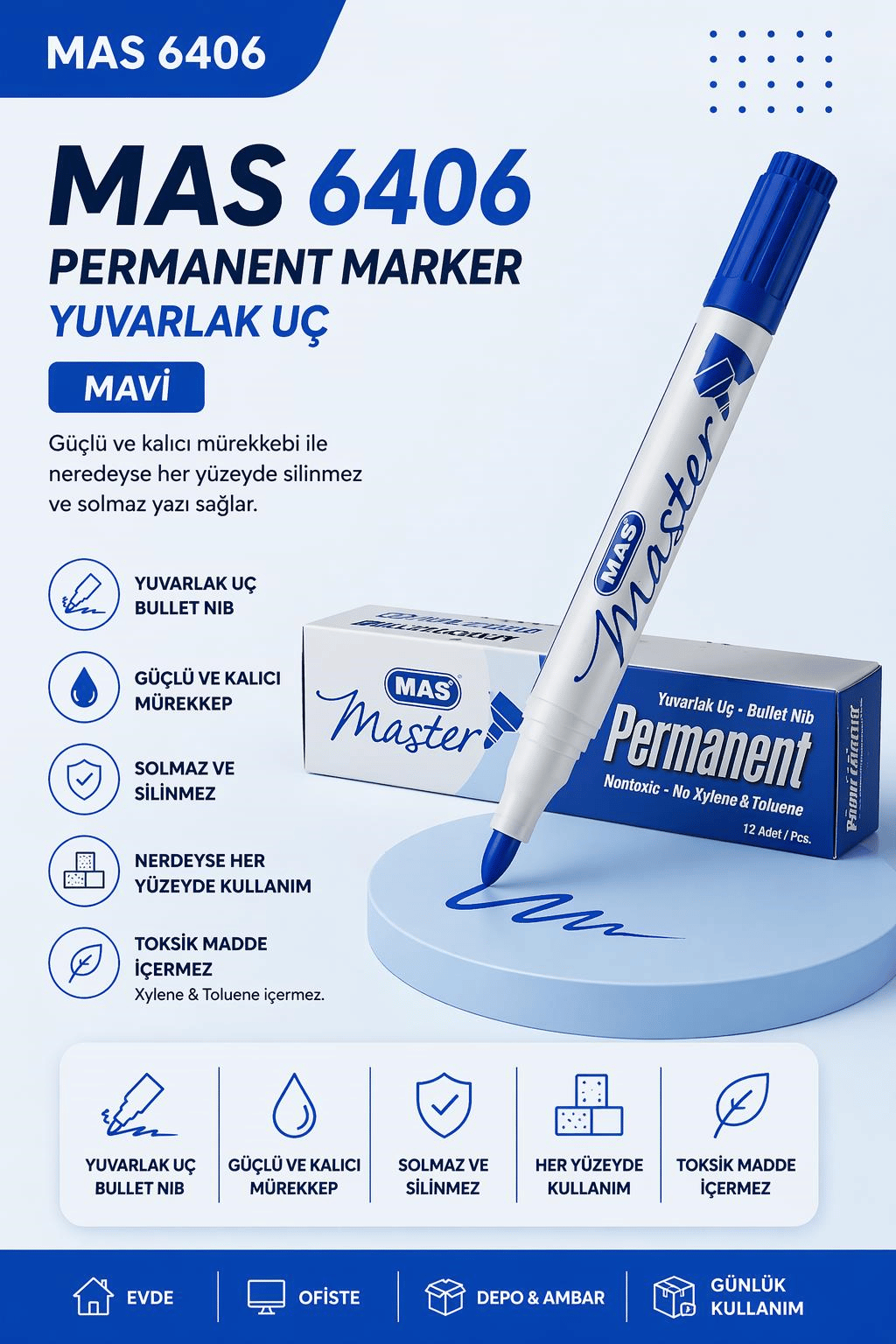Mas 6406 Permanent Marker Yuvarlak Uç Mavi