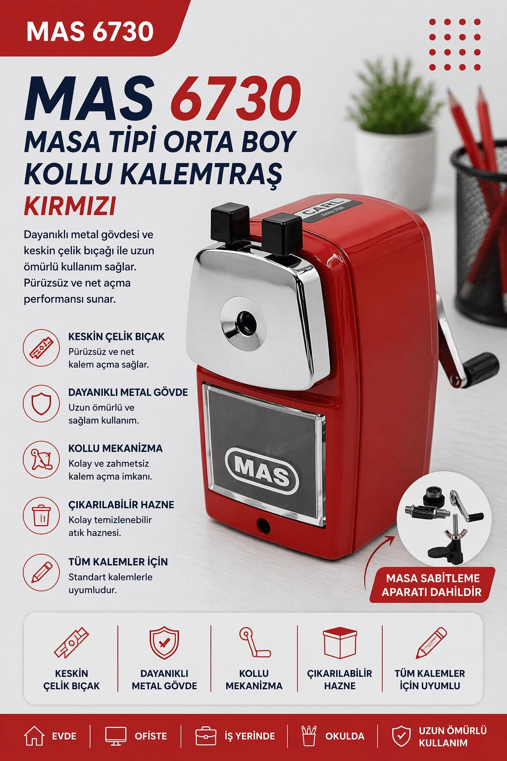 Mas 6730 Masa Tipi Orta Boy Kollu Kalemtraş - Kırmızı