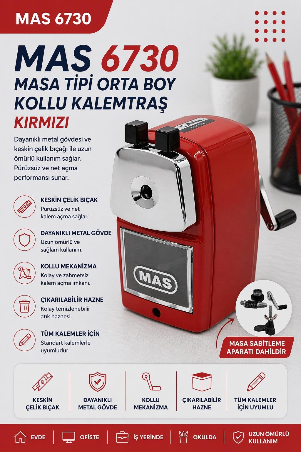 Mas 6730 Masa Tipi Orta Boy Kollu Kalemtraş - Kırmızı