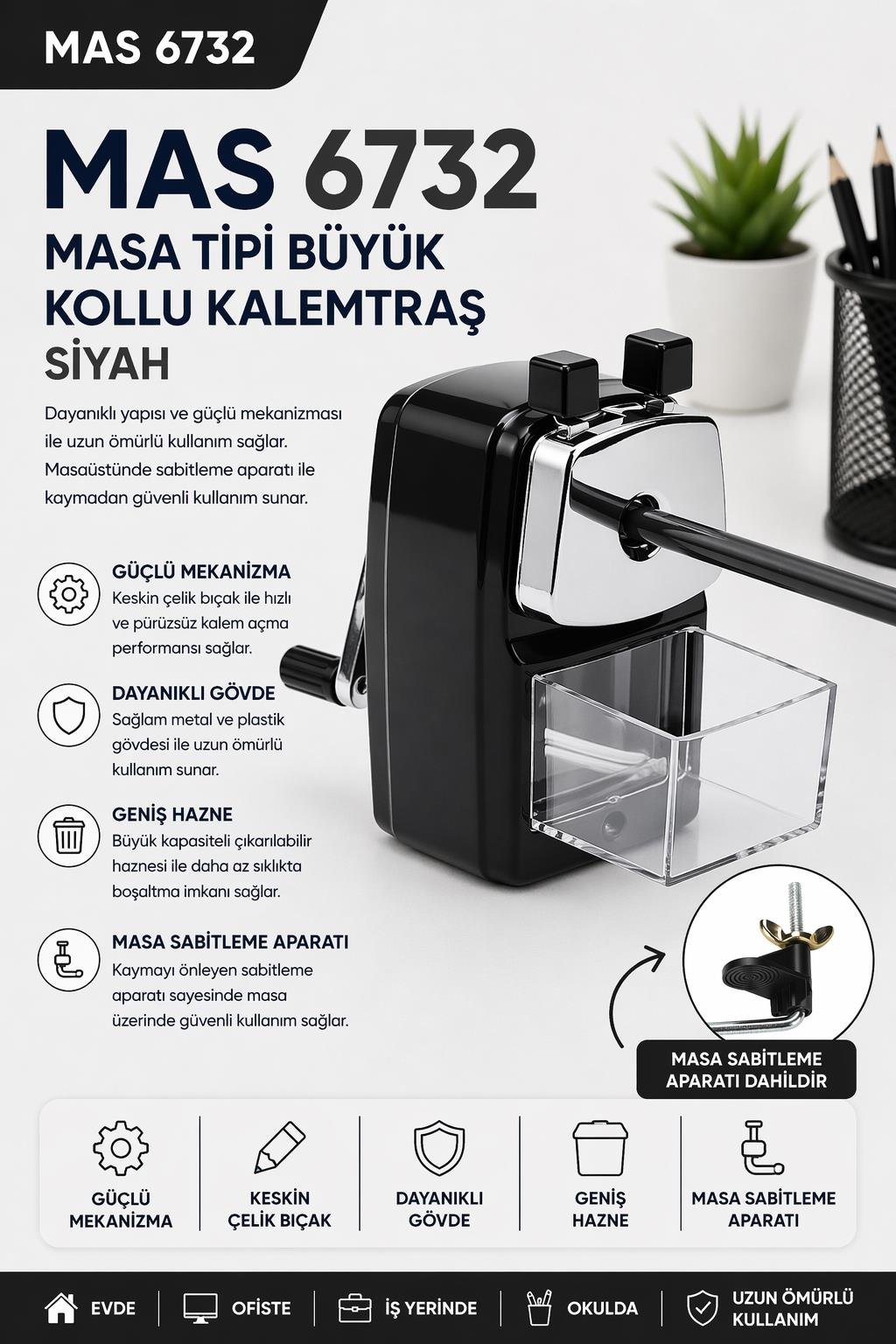Mas 6732 Masa Tipi Büyük Kollu Kalemtraş - Siyah
