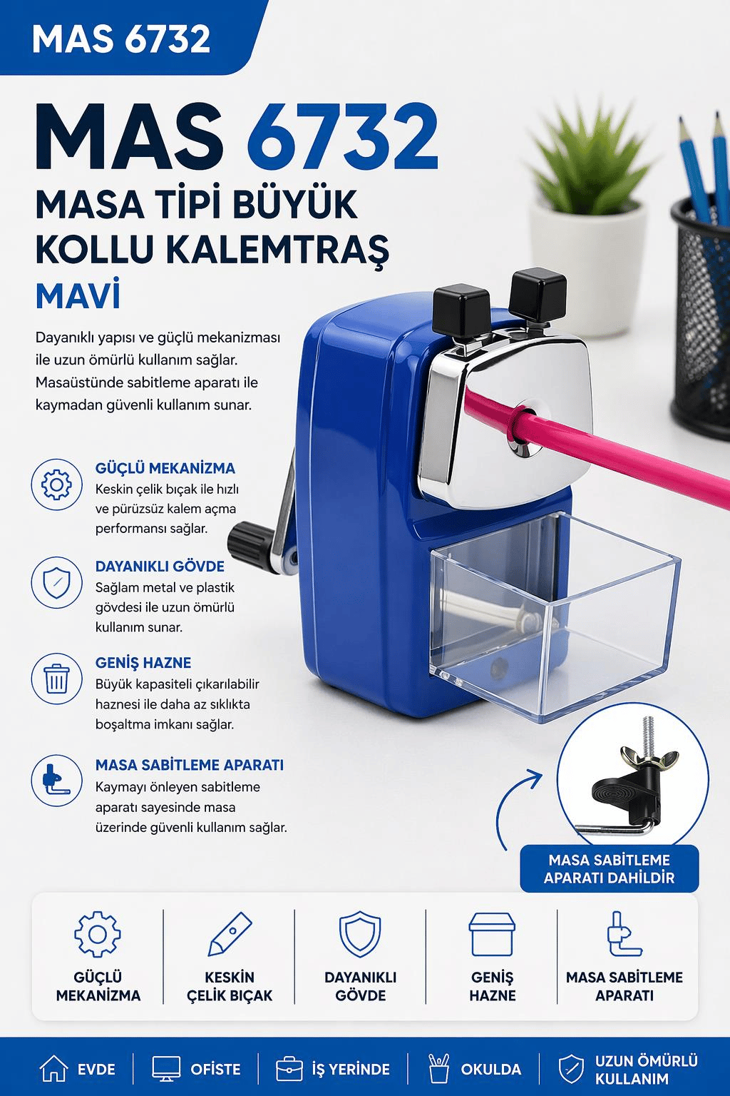 Mas 6732 Masa Tipi Büyük Kollu Kalemtraş - Mavi