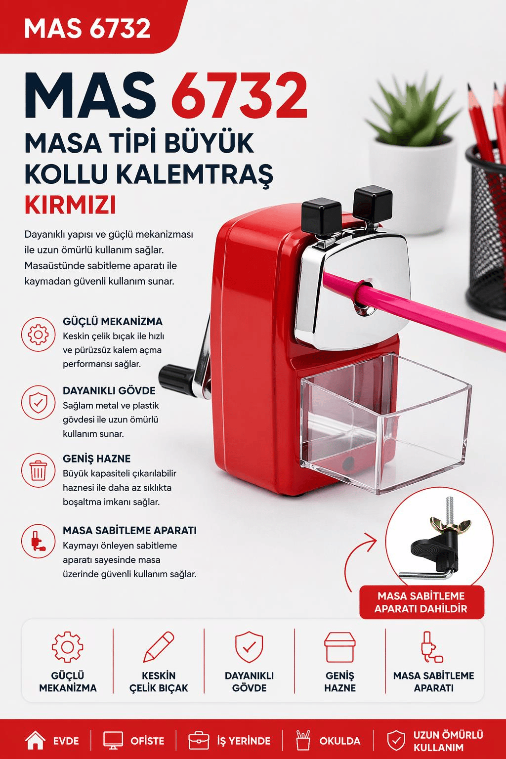 Mas 6732 Masa Tipi Büyük Kollu Kalemtraş - Kırmızı