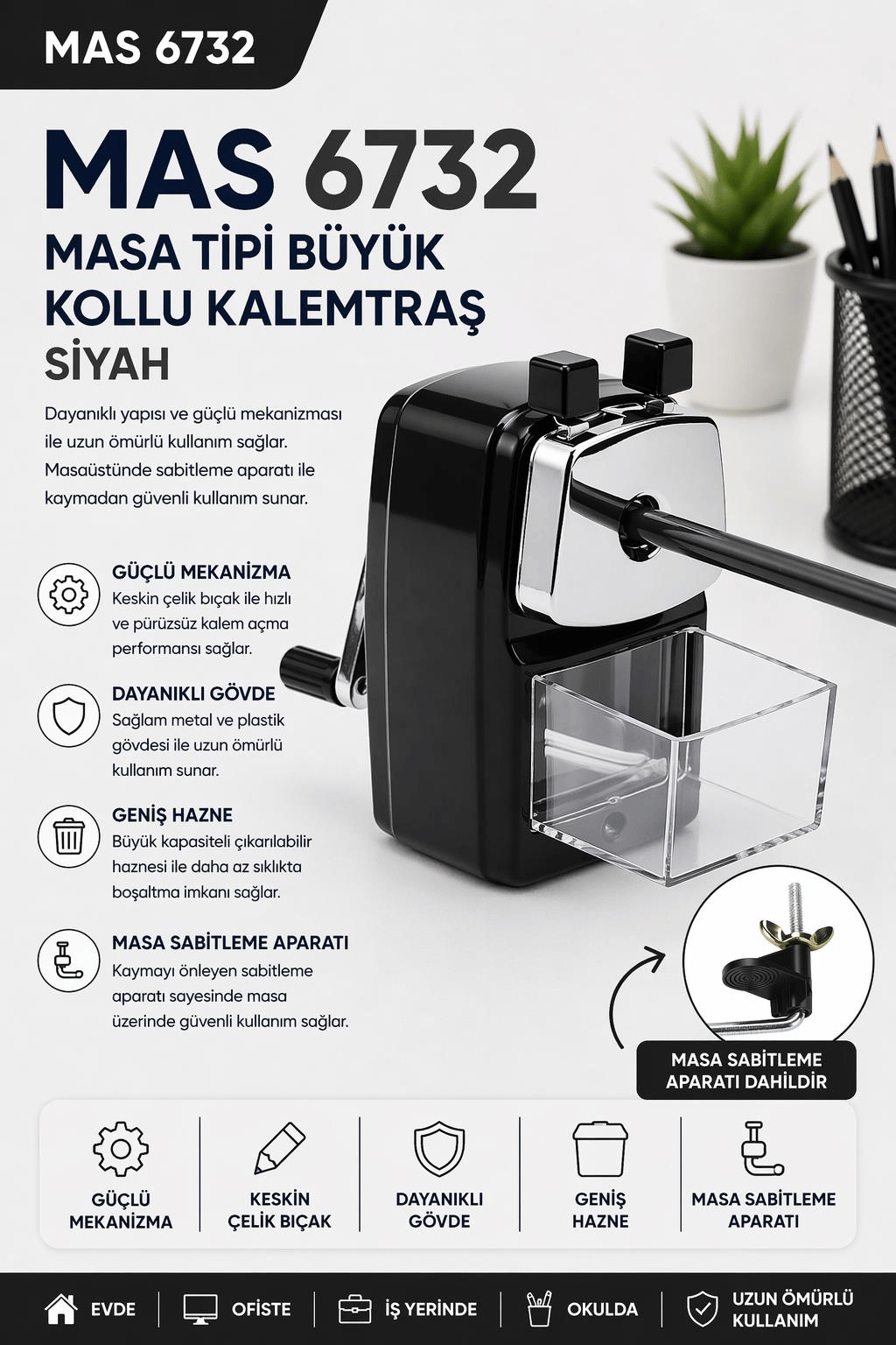 Mas 6732 Masa Tipi Büyük Kollu Kalemtraş - Siyah