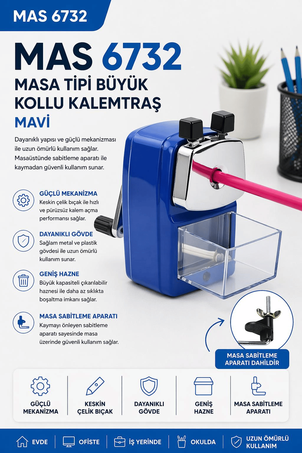 Mas 6732 Masa Tipi Büyük Kollu Kalemtraş - Mavi