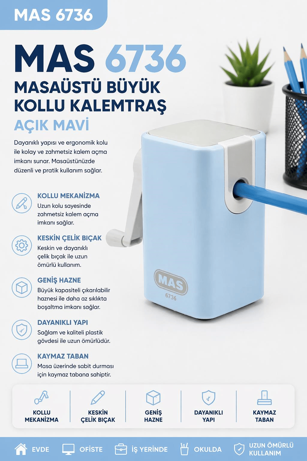 Mas 6736 Masaüstü Büyük Kollu Kalemtraş - AçıkMavi