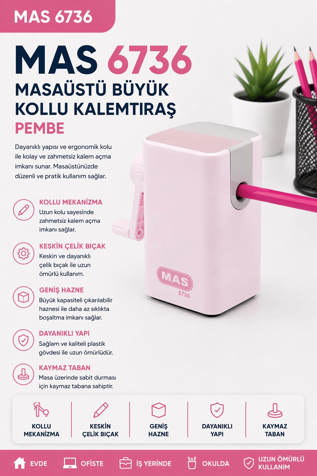 Mas 6736 Masaüstü Büyük Kollu Kalemtraş - Pembe