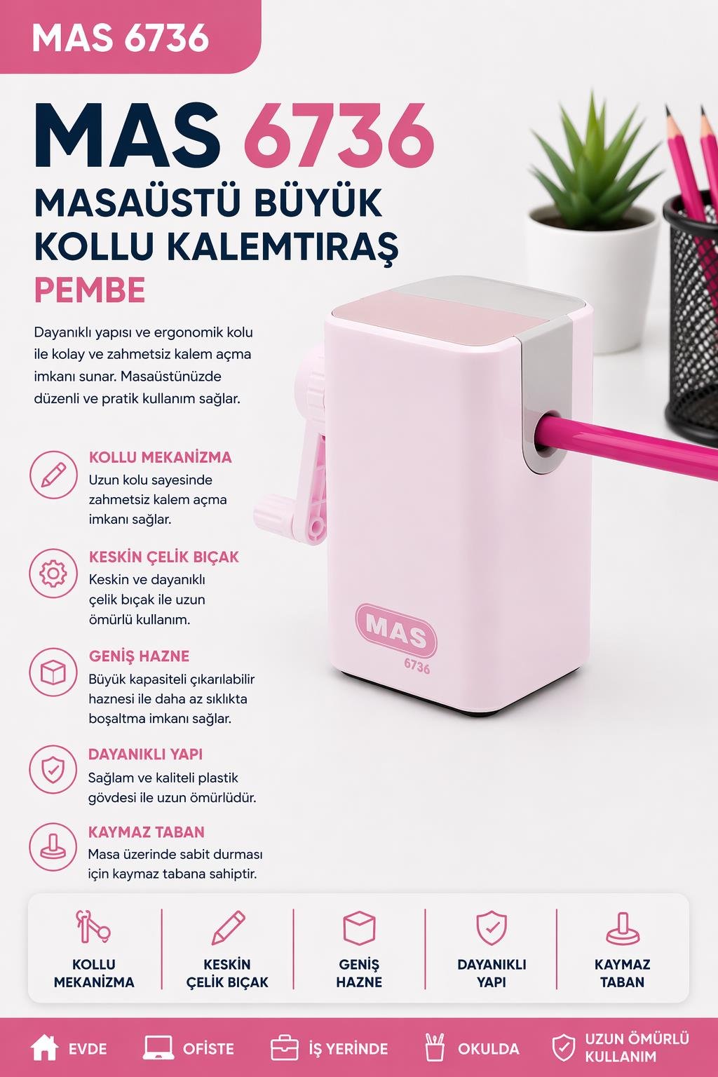 Mas 6736 Masaüstü Büyük Kollu Kalemtraş - Pembe