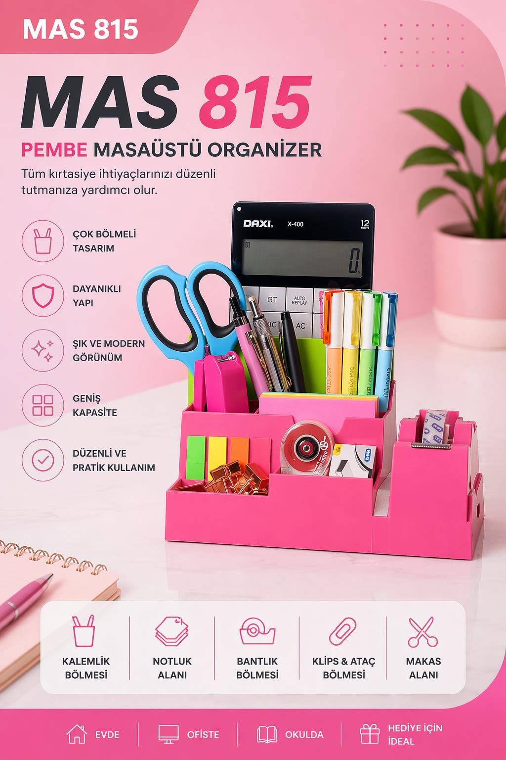 Mas 815 Pembe Masaüstü Organizer Kalemlik Seti