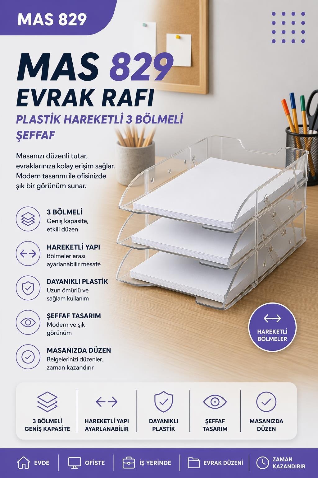 Mas 829 Evrak Rafı Plastik Hareketli 3 Bölmeli - Şeffaf