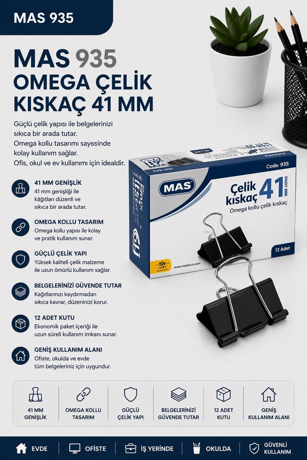 Mas 935 Omega Çelik Kıskaç 41 Mm Siyah