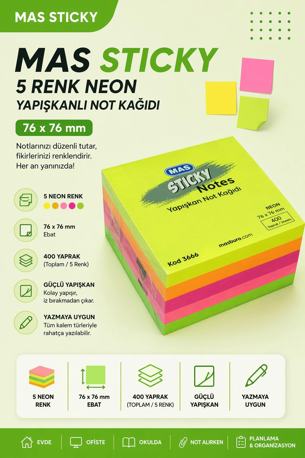 MAS Sticky 5 Renk Neon Yapışkanlı Not Kağıdı 76 x 76 mm