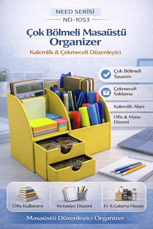 Masaüstü Düzenleyici Çekmeceli Organizer Kalemlik Pastel Sarı ND-1053