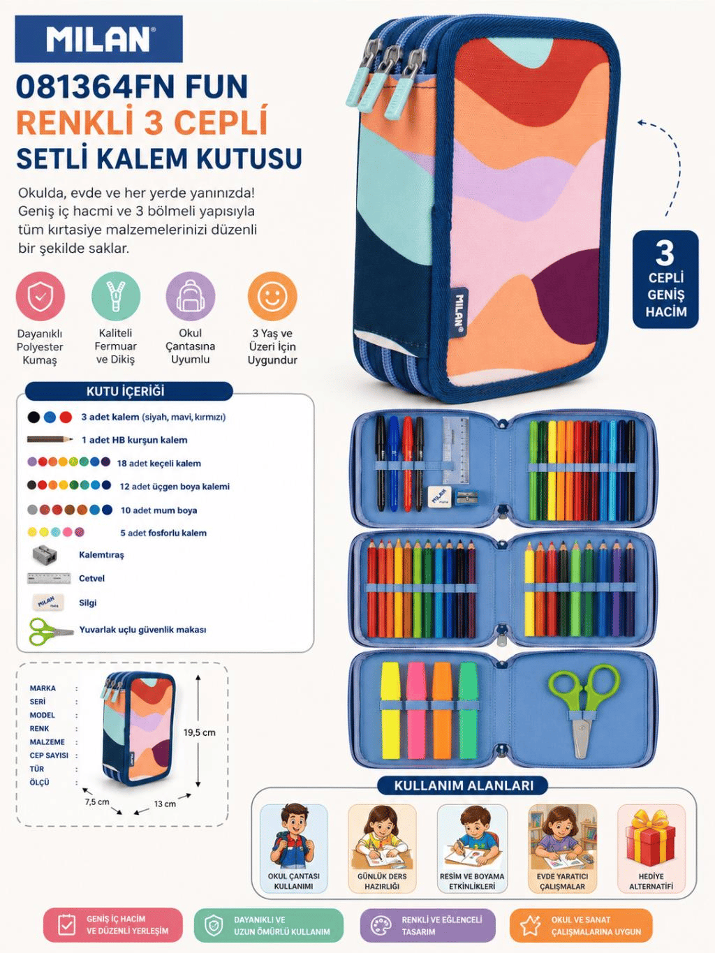 Milan 081364FN Fun Renkli 3 Katlı Setli Kalem Çantası